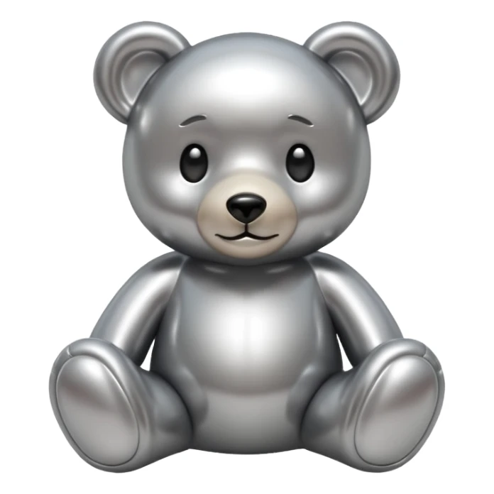 A cute teddy bear emoji made of liquid silver chrome, smooth rounded body, glossy metallic surface, soft reflections, friendly proportions, iOS emoji style, centered, clean white background sticker