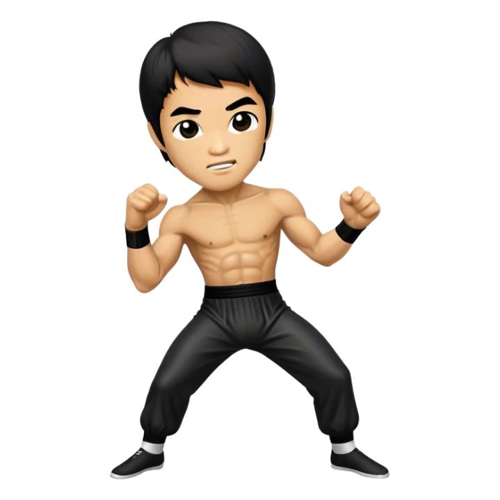Cinematic Realistic Bruce Lee Pop Culture Emoji, featuring a dynamic portrayal of the legendary martial artist rendered with crisp detail and energetic lighting. sticker