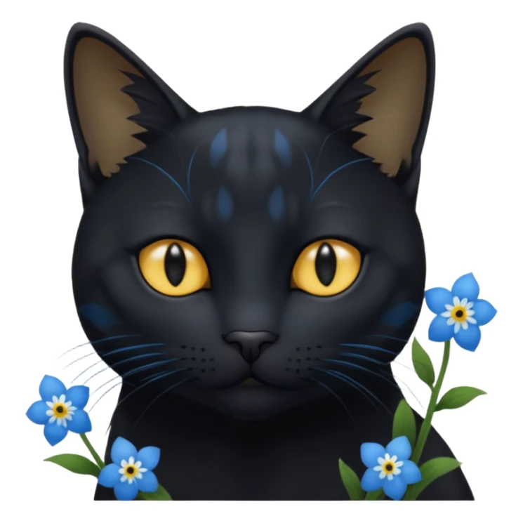 Un chat noir qui jou avec myosotis bleu sticker