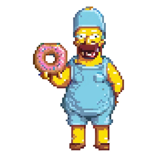 Homer Simpson pixel art style, simplified features, holding a donut sticker