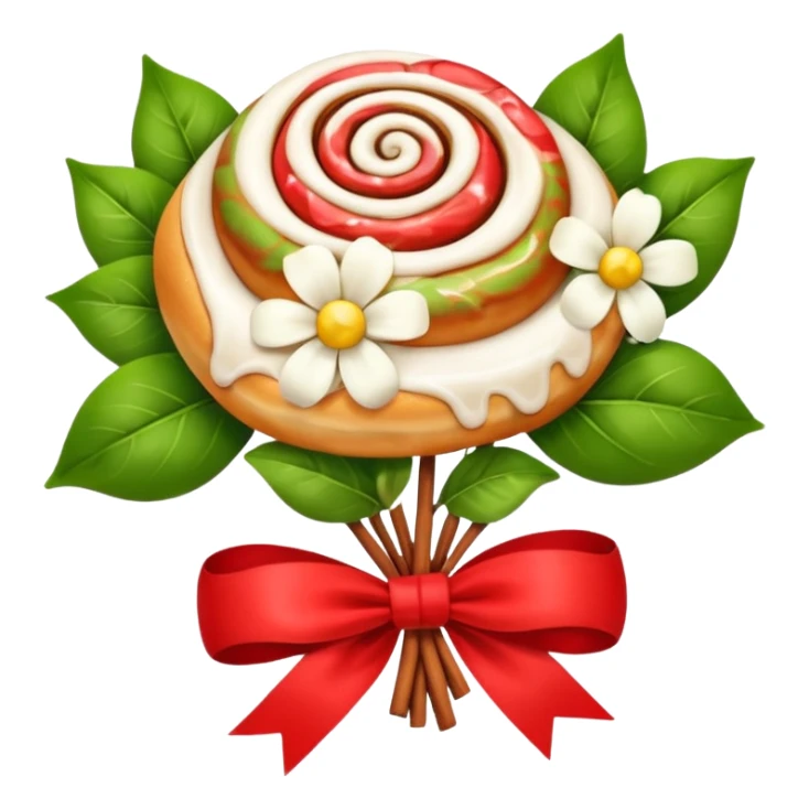 A cinnamon roll , white flowers bouquet with red ribbon and cute white bow sticker