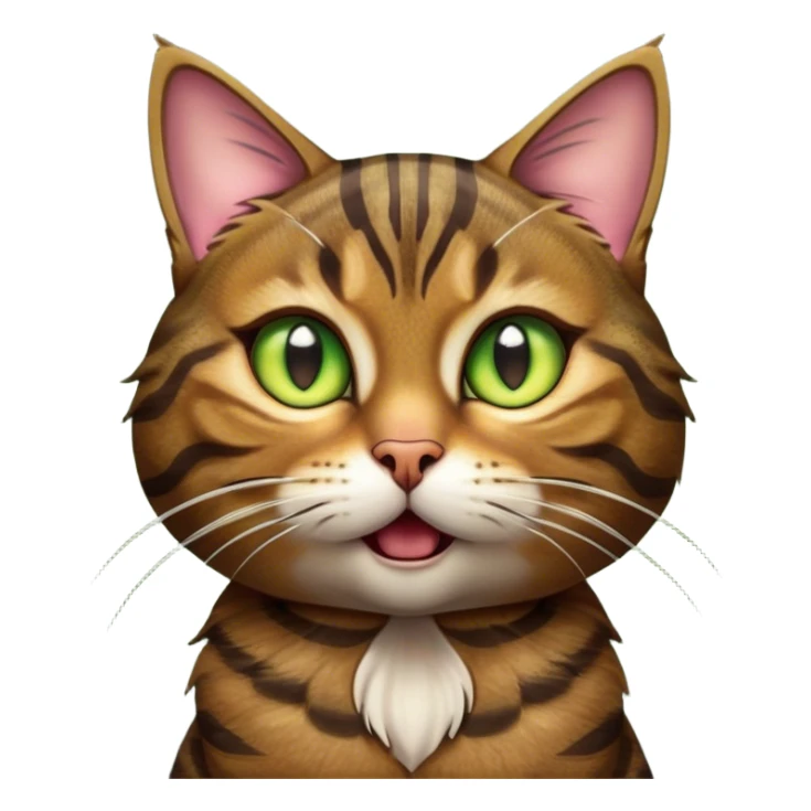 Cinematic Comical Brown Tabby Cat Portrait Emoji, Head tilted dramatically with an exaggeratedly shocked or offended expression, rich brown fur with bold dark tabby stripes, wide piercing golden-green eyes filled with exaggerated disbelief, Simplified yet hilariously expressive features, highly detailed, glowing with a slightly sassy glow, high shine, dramatic yet playful, stylized with an air of attitude, bright and endearing, soft glowing outline, capturing the essence of a sassy and over-the-top feline, so meme-worthy it feels like it could side-eye its way into internet fame instantly! sticker