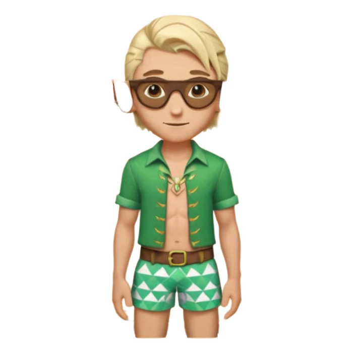 elf male legolas portrait, patterned board shorts (geometric/abstract), unique wooden-framed sunglasses, undercut hairstyle, slight smirk, visible pointy ears, no background, centered emoji, hipster summer vibe sticker