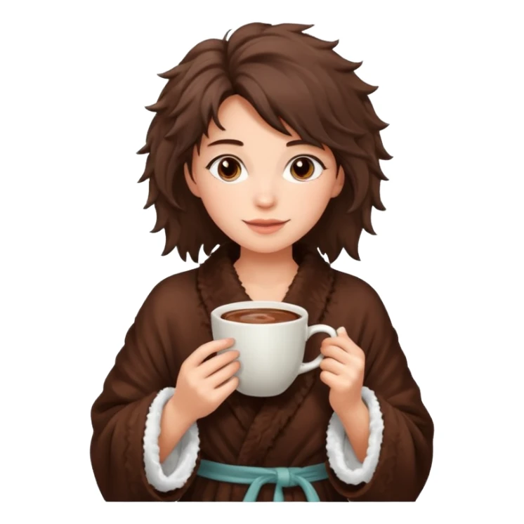 {
      "type": "human",
      "look": "fluffy robe woman, messy hair, holding cup of cocoa",
    } sticker