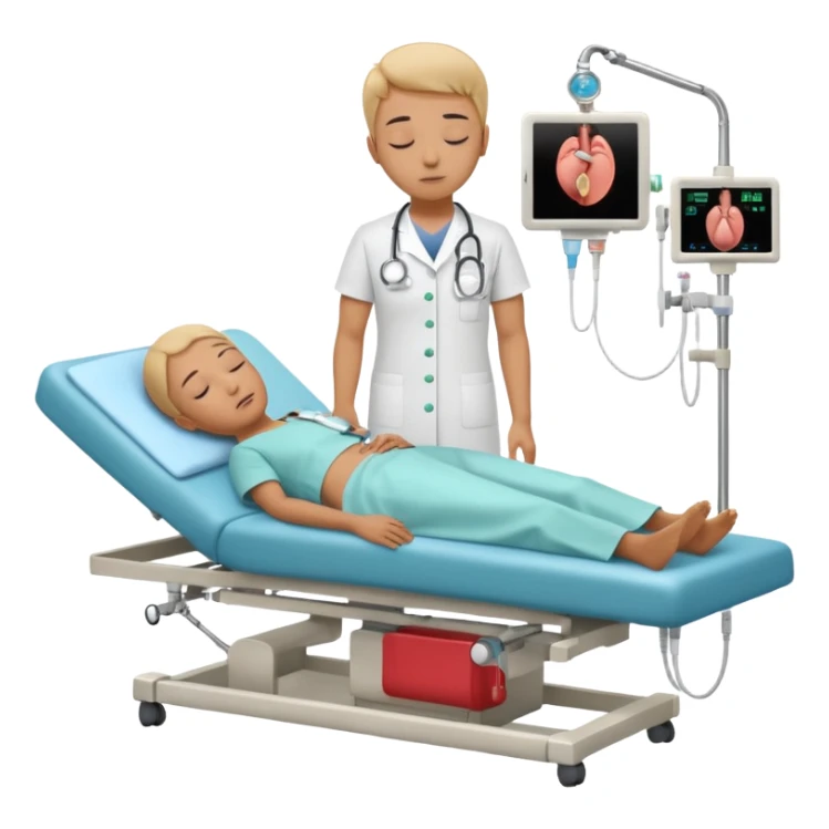A patient lying on a medical examination bed with eyes closed, seen in a wider, full-body view, preparing to undergo a colonoscopy procedure in a clean hospital environment. sticker