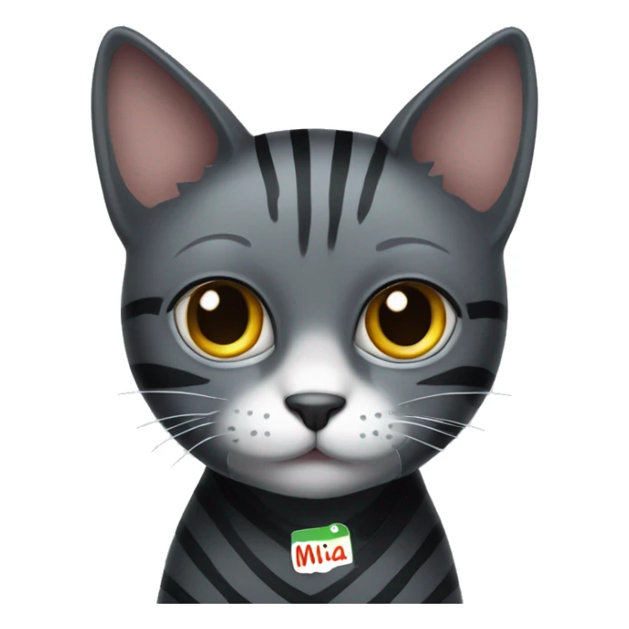 dark grey cat with stripes with a sign that says MIA  sticker