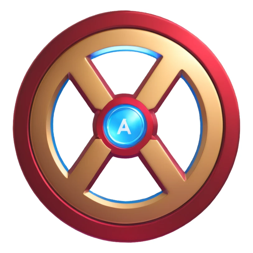Glossy 3D emoji letter A with Avengers logo inspiration, metallic bold, blue arc reactor glow, subtle Captain America shield pattern, red and gold Iron Man accents, cute compact high-tech heroic style sticker