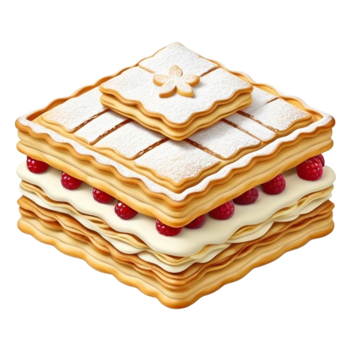 Cinematic Realistic Mille-Feuille Dessert Emoji, depicted as layered puff pastry with rich cream and a dusting of powdered sugar rendered with intricate textures and elegant, soft lighting. sticker