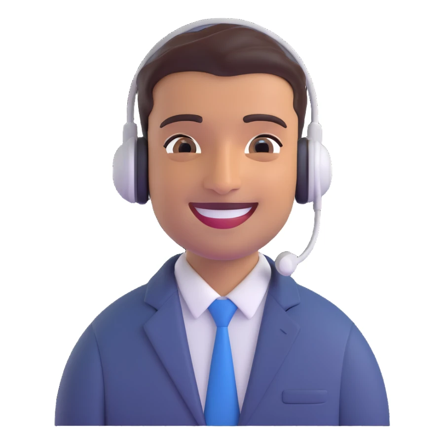 friendly Indian male support agent, headset, warm smile, supportive attitude, office background sticker