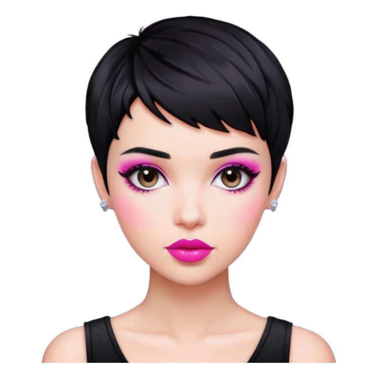woman pixie cut textured black hair shiny pink lips sticker