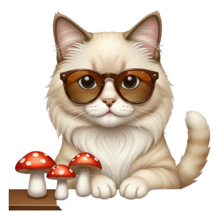 One ragdoll cat with sunglasses selling mushrooms in a bar sticker