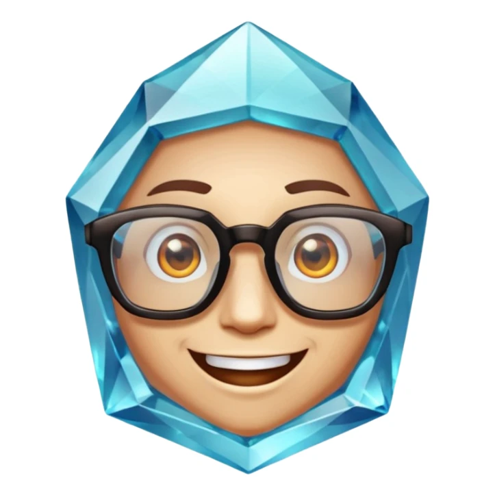 A single crystal gemstone character wearing glasses, chunky and irregular with faceted very sharp sides, smile, , high detail, sticker