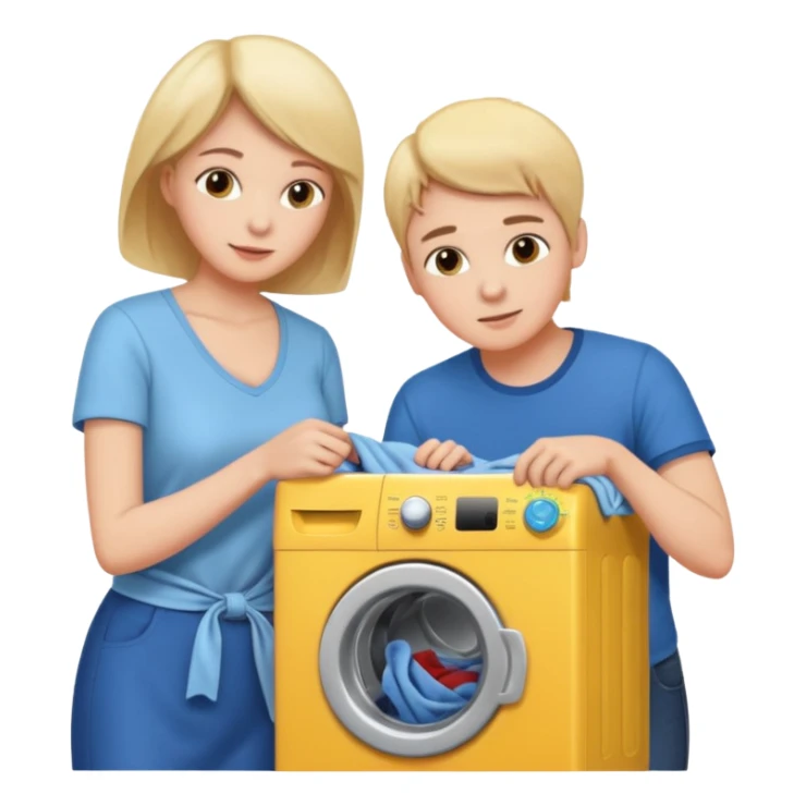 Mother and son putting clothes in the washing machine sticker