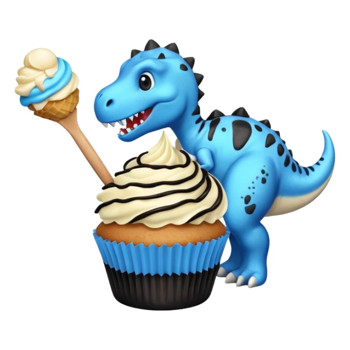 A cupcake having blue and black icing and a dinosaur as a decoration and ice cream next to it sticker