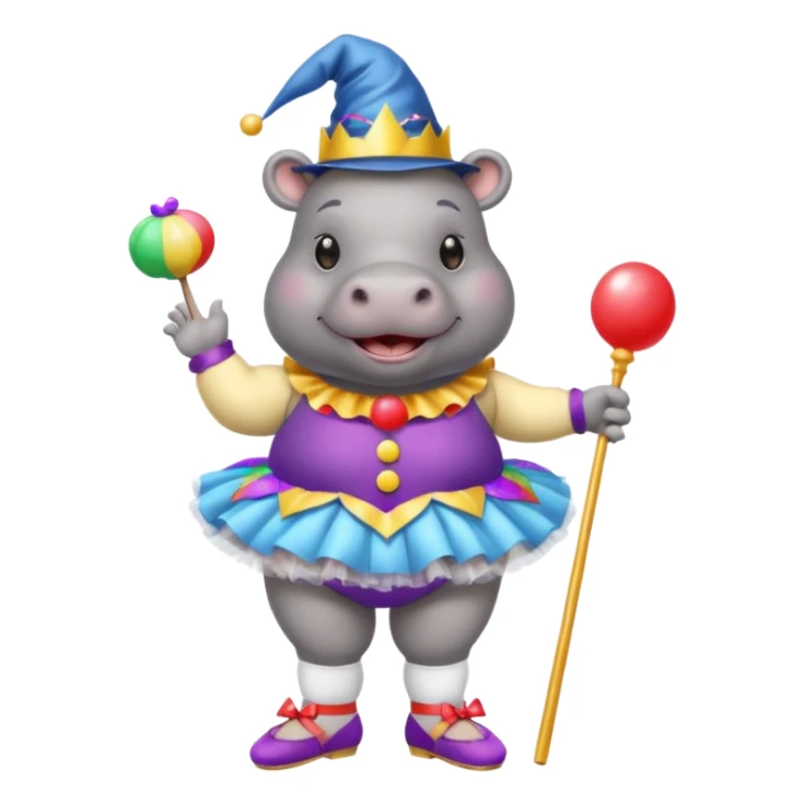 Hippo with a clown nose, a wizard hat, a ballerina tutu, a bikini, sandels and white socks  sticker