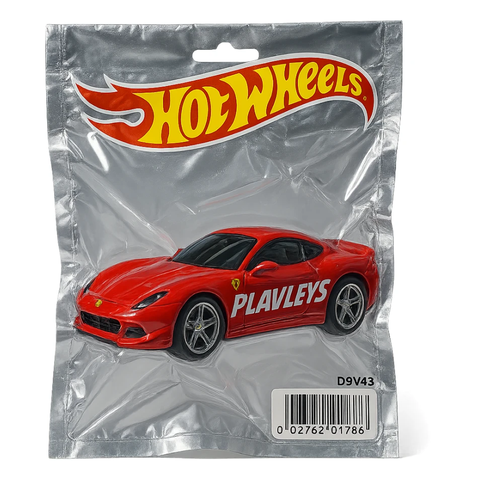 Hot Wheels packaging with a red Ferrari featuring bold racing-style 'PLAVLEYS' text on the car, shiny and inflated, vacuum-sealed style sticker