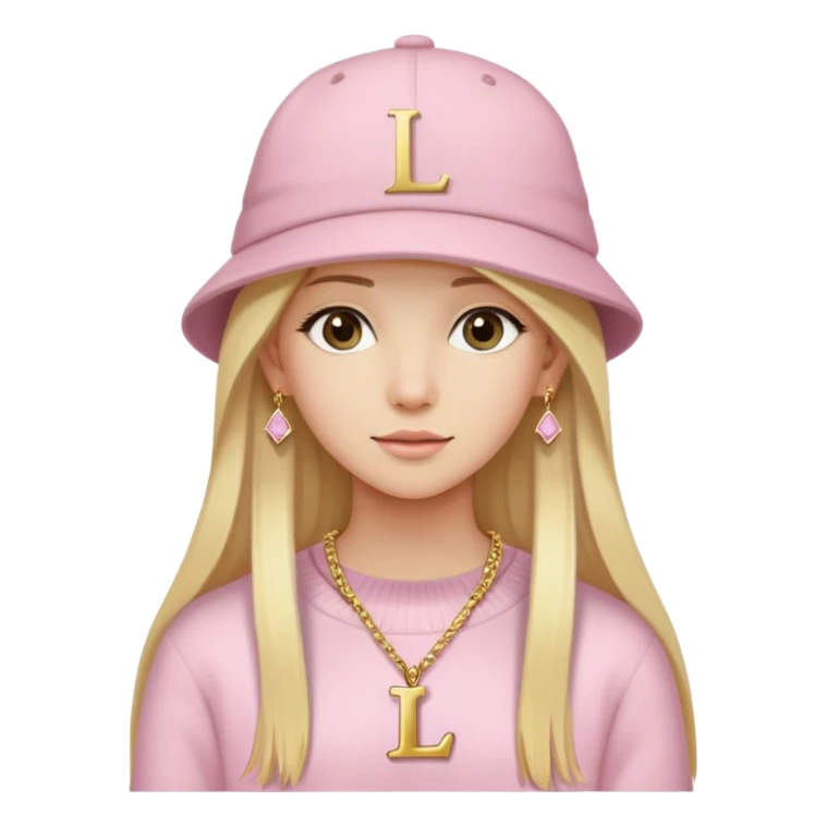 A pretty girl wearing a light pink pullover with a hat, having long straight blonde hair, wearing a necklace with the letter "L" on it and golden earrings. sticker