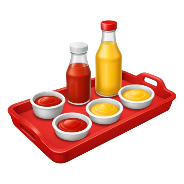 a small tray have 2 sides, ketchup and mustard sticker