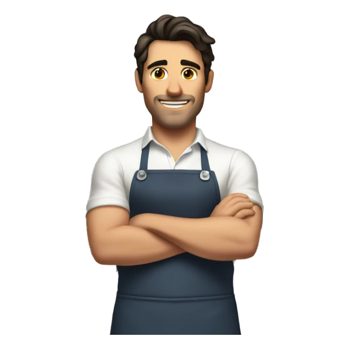 Handsome strong white man with dark hair in kitchen with apron sticker