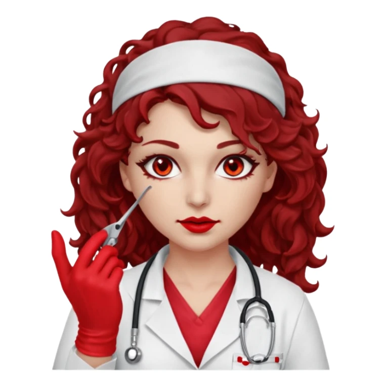 Lilith scalpel in hand, evil surgeon sexy surgeon clothes.  She has red eyes. Dark brown curly hair. Wears sexy doctor outfit with red gloves.covers her mouth necknose with red bandana to hide  her identity. Hair is long and brown hair is free but must cover her face sticker