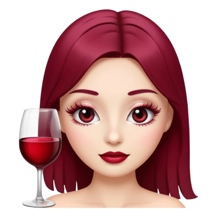 “Create elegant emoji of wine red color, shiny effect, long eyelashes, soft makeup look, high quality 3D.” sticker