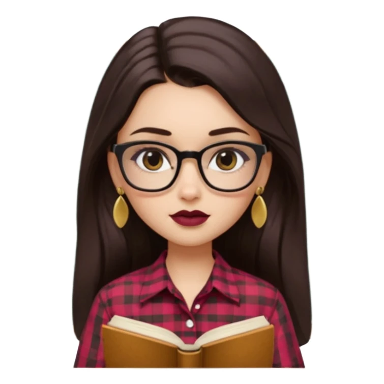generate a pretty bratz girl with black small square spectacles, dark lipstick, gold stud earrings, a brown gingham shirt, books in hand, dark brown straight long hair, eyeliner on sticker