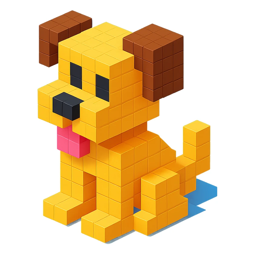 <SystemPrompt>
                <Style>
                  <Name>Voxel Emoji Art</Name>
                  <Description>A playful, isometric voxel style that mimics pixel art in 3D, commonly used for emojis, UI icons, and symbols. Rendered with bright, vibrant colors and no shadows.</Description>
                  <VisualRules>
                    <Geometry>
                      <BaseUnit>Cube</BaseUnit>
                      <GridAlignment>Isometric</GridAlignment>
                      <VoxelSize>Consistent</VoxelSize>
                    </Geometry>
                    <Color>
                      <Palette>Vivid and High Saturation</Palette>
                      <Gradient>Allowed on faces for subtle lighting</Gradient>
                    </Color>
                    <Lighting>
                      <Style>Soft studio lighting</Style>
                      <Shadows>Subtle ambient shadows</Shadows>
                    </Lighting>
                    <Detailing>
                      <Outline>None</Outline>
                      <Texture>Flat color (no texture noise)</Texture>
                      <Effects>None</Effects>
                    </Detailing>
                  </VisualRules>
                </Style>
                <Generation>
                  <PromptTemplate>
                    <![CDATA[
                      Render a voxel-style 3D illustration of a {subject}, using bright colors and blocky pixelated geometry. The object should appear playful and clean, similar to emoji aesthetics, with no shadows and no outlines. Lighting should enhance the 3D depth without harsh contrast.
                    ]]>
                  </PromptTemplate>
                </Generation>
              </SystemPrompt>
              {subject} = dog sticker