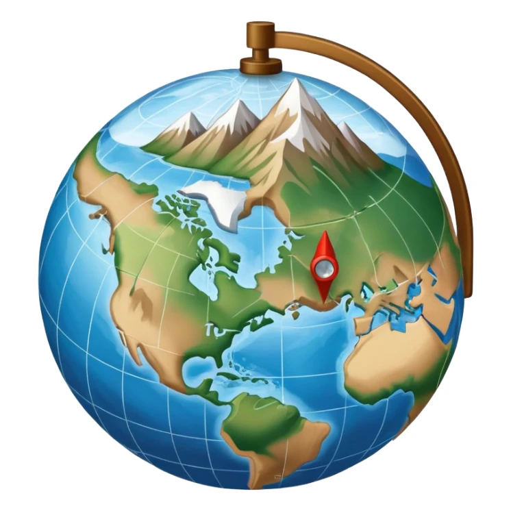 an icon featuring a globe with latitude and longitude lines, a textbook, and a topographic map, symbolizing geography as a science. The design includes a compass, mountain ranges, and rivers, representing the study of Earth's features and landscapes. Transparent background highlights geography. sticker