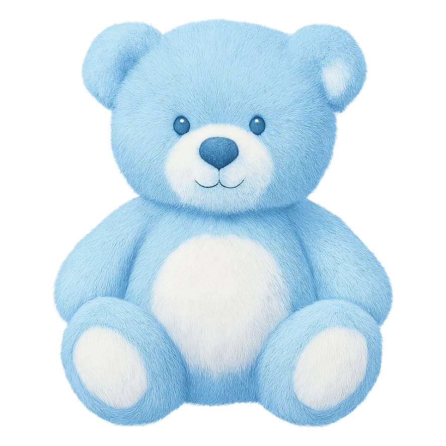 Change the teddy bear's fur to blue and white, keep it soft and plush, no shadows, flat lighting, no background. The style should maintain the original look of the teddy bear in the image. sticker