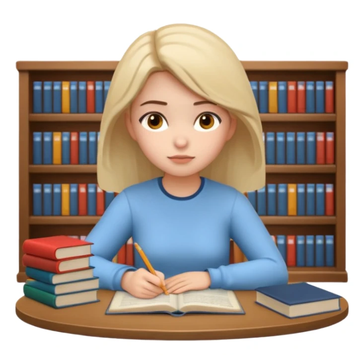 3D emoji style sticker, young woman, white background, sitting at a table with books and a notebook, calmly studying, thoughtful and slightly serious expression, slow focused learning mood, casual outfit, soft lighting, minimalistic, clean astrology emoji style sticker