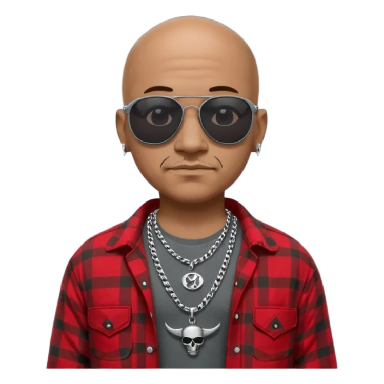 bald mexican cholo with black oakley sunglasses a silver necklace witth h engraved on emblem and flannel shirt sticker