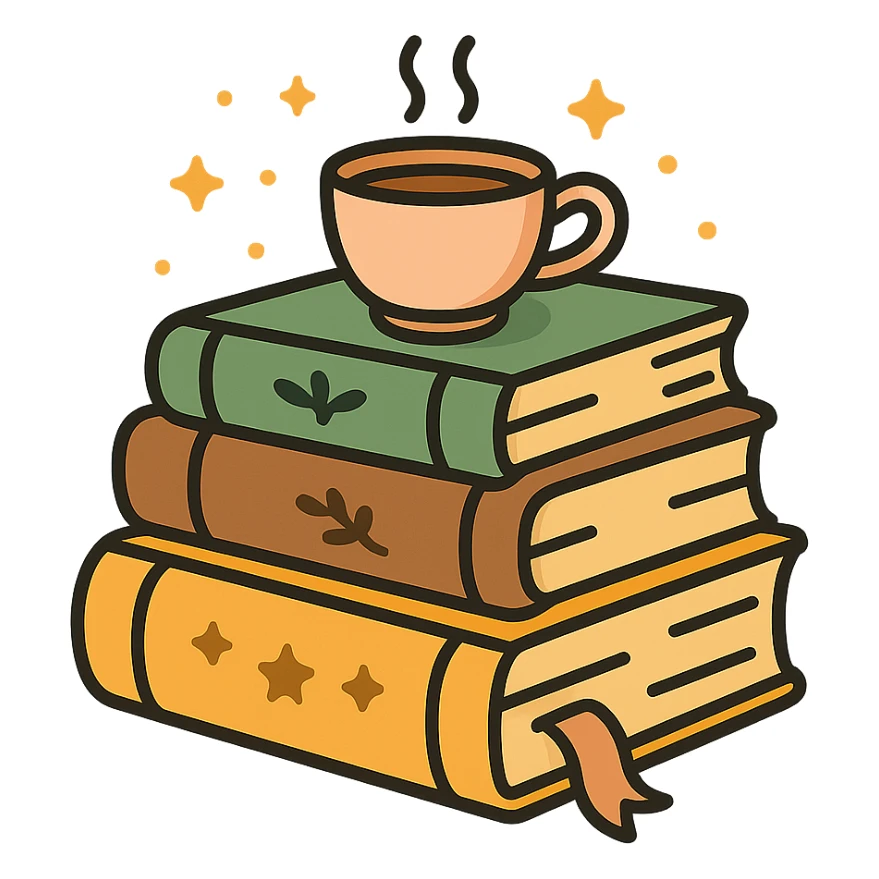 A cute stack of books with a cozy and magical vibe, each book bound in soft, harmonious colors: golden orange (FA9B41), forest green (4A7C5C), warm taupe brown (96775A), and pastel peach (FFCC9A). The books are slightly worn with rounded corners and decorative covers featuring tiny stars, floral motifs, or whimsical patterns. A ribbon bookmark peeks out from one, and a small cup of tea or magical trinket rests on top of the stack. The lighting is warm and gentle, with a dreamy, storybook feel. The overall scene feels inviting, charming, and gently enchanted. sticker
