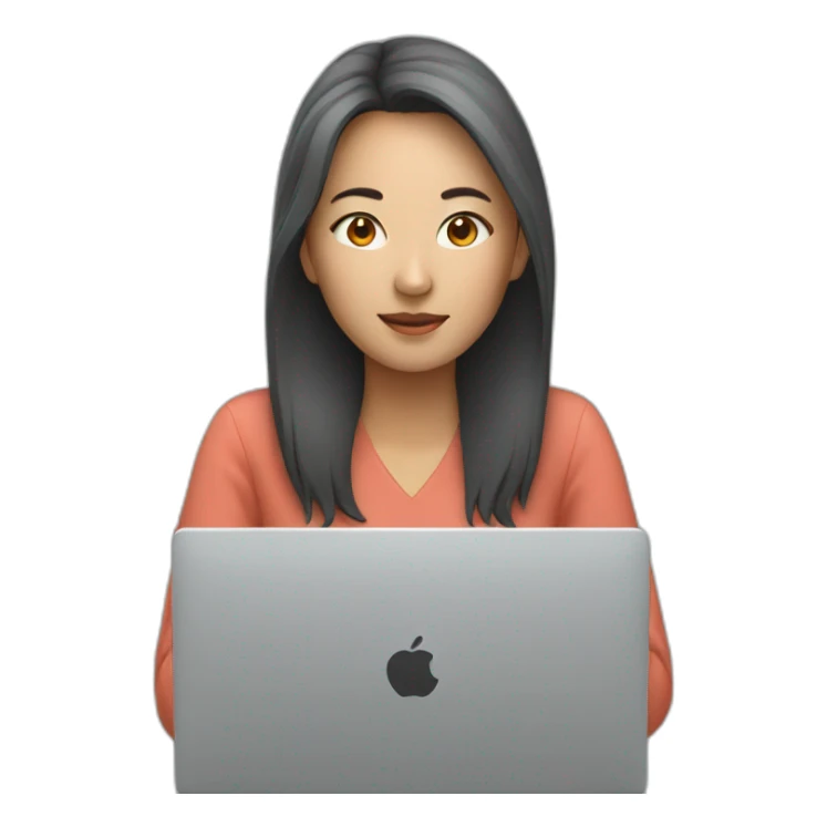 asian woman behind gray laptop sticker