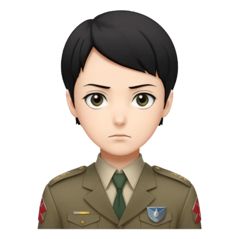 short black neat hair, sharp dark gray eyes, pale skin, serious expression, upright posture, minimal accessories, sharp and precise style. Levi Ackerman  sticker
