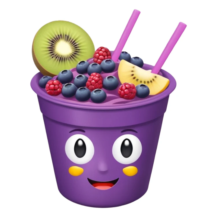 acai bowl in a purple plastic cup, simple, bright, with fruit toppings, emoji style sticker