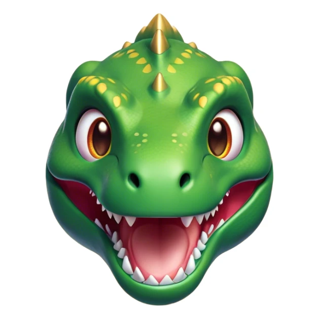 Cinematic Cute T-rex Portrait Emoji, Head tilted playfully with a big, endearing smile, featuring a compact, fierce yet friendly form with a massive head, tiny arms, and sparkling, mischievous eyes, Simplified yet irresistibly adorable features, highly detailed, glowing with a warm, inviting prehistoric glow, high shine, affectionate and lively, stylized with a touch of whimsical dinosaur charm, soft glowing outline, capturing the essence of a mischievous yet lovable T-rex that seems as if it could stomp out of the screen into your heart! sticker