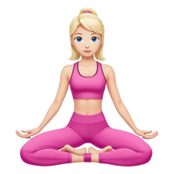 a nlode girl with blue eyes wearing a pink workout set, doing pilates sticker