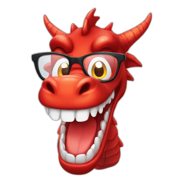 Crazy funny red dragon head with human white teeth and beautiful smile wearing glasses sticker