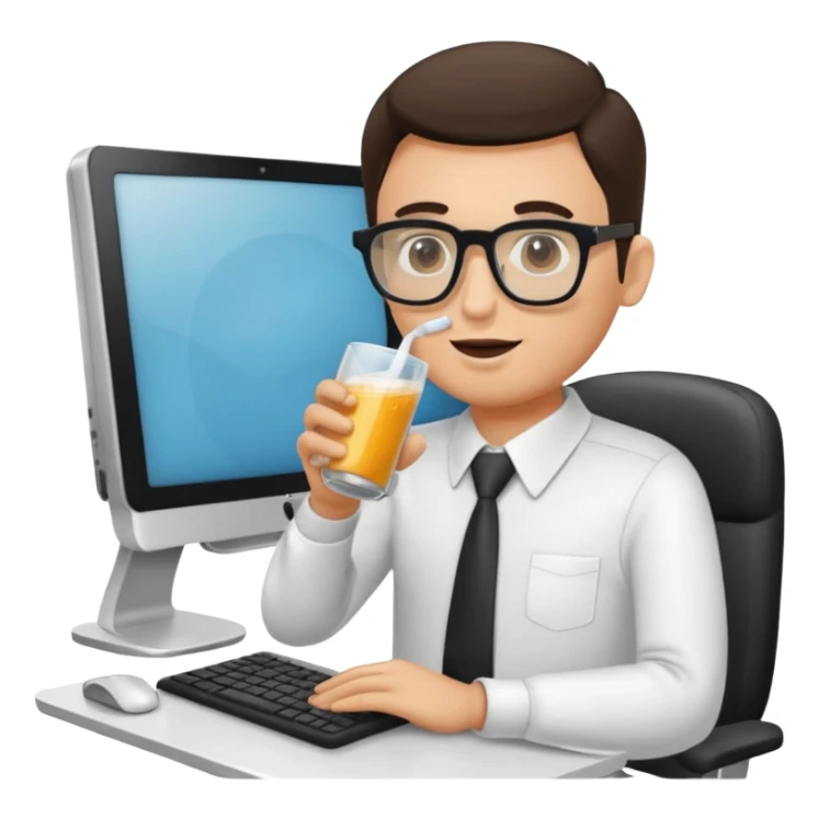 Hombre blanco con gafas tomando un refresco frente a un ordenador sticker