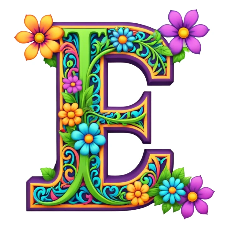 3D, gothic style psychedelic colored Letter T with hippie style flower border sticker