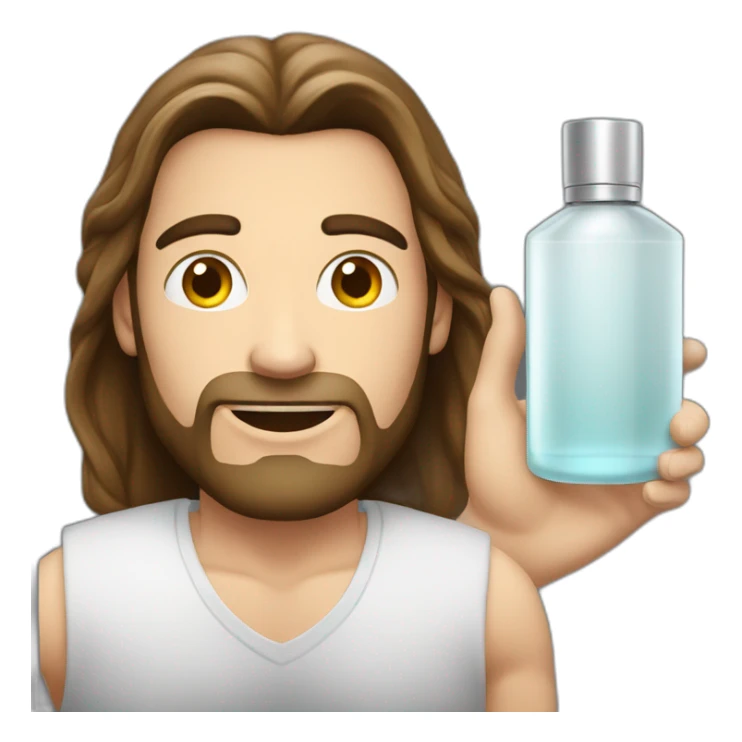 white skin men with long brunette hair with a perfum bottle sticker