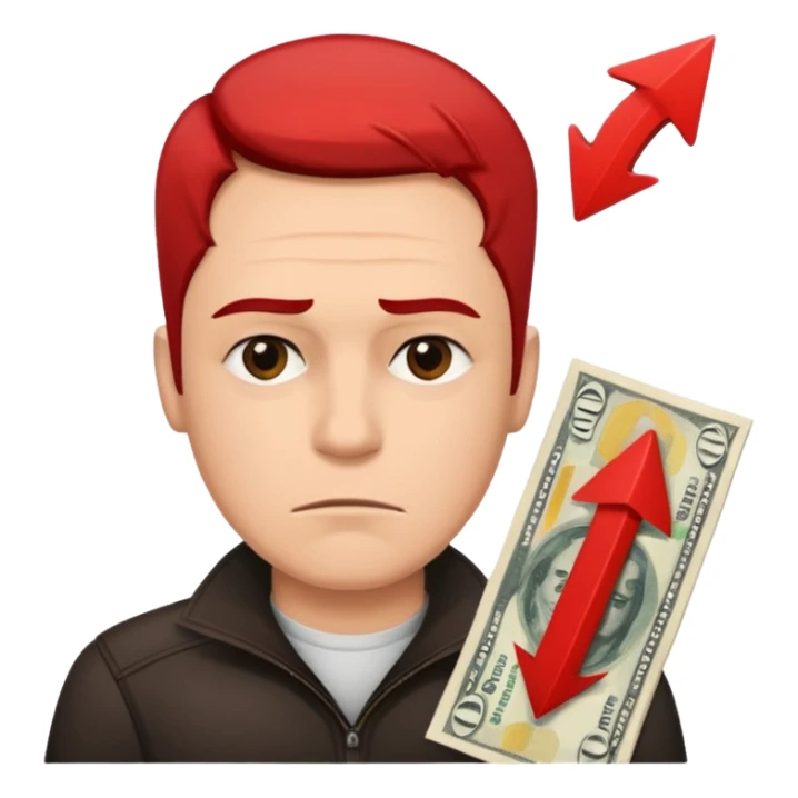 a man with money bills and a red down arrow next to him sticker