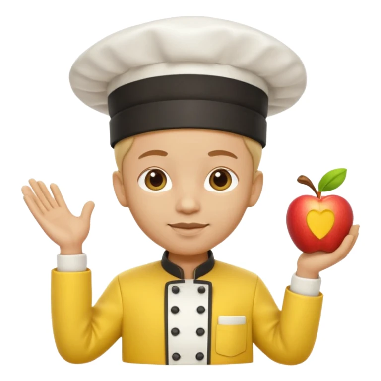 3D cartoon-style chef in the Apple emoji style, wearing a bright yellow chef uniform with hat sticker