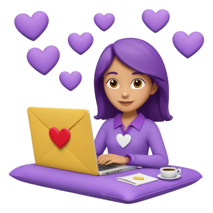 3D clay character relaxed with laptop and coffee, floating icons (envelope, heart, dollar), purple (#8B5CF6) outfit, bright yellow (#FBBF24) icons, white laptop, Pixar style, transparent background sticker