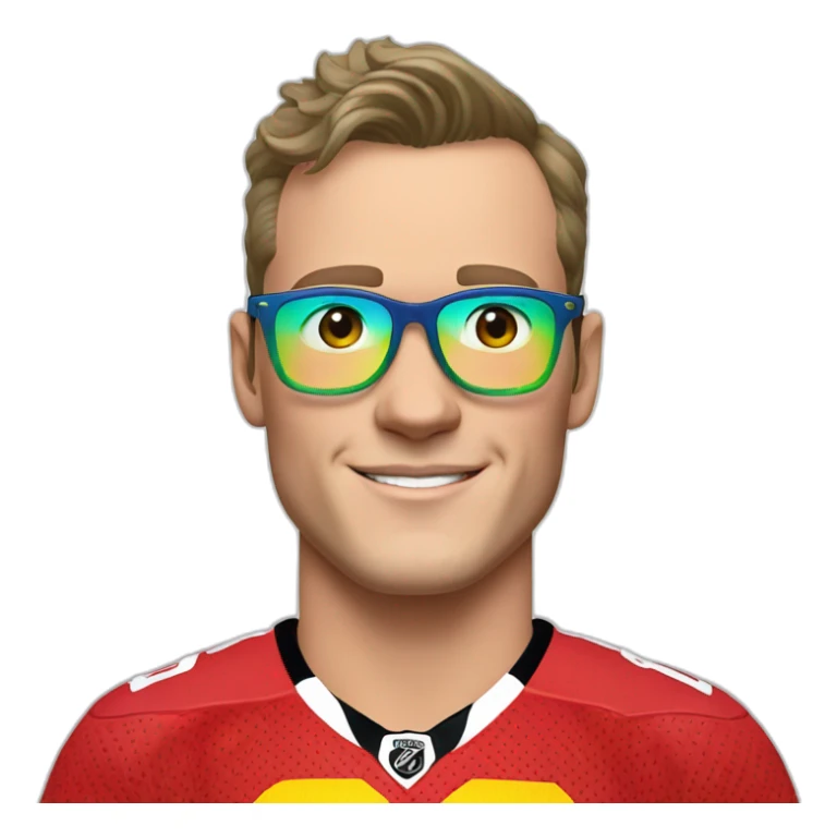 Jonathan Toews wearing glasses and rainbow clothes sticker