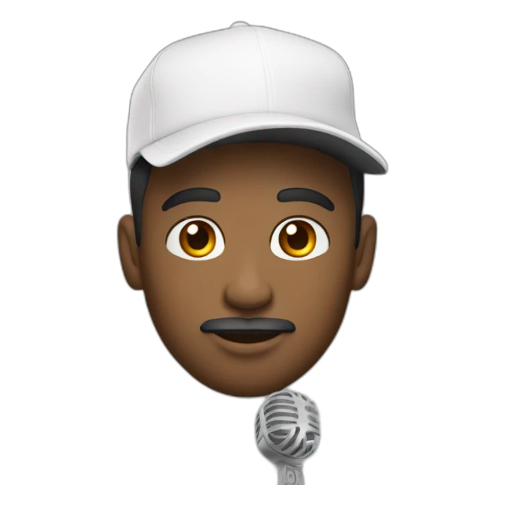 A swarthy man. With a tattoo on his neck and a white cap, and a microphone in front of him. sticker