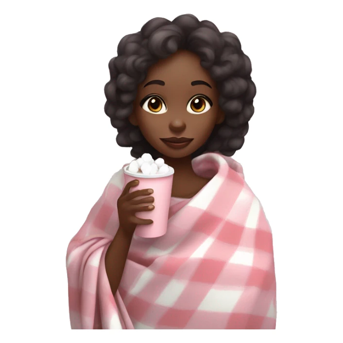 Cute black girl wrapped in pastel pink plaid blanket drinking coco with marshmallows sticker
