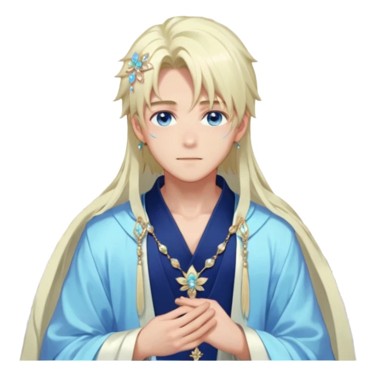 Beautiful gorgeous blushing blue-eyed youthful handsome anime guy with beautiful iridescent-pastel-whitish-special-medium-long-hair, fashion aesthetic, ethereal, fairycore, pastelcore, flower petals, crystals, layered robes, accessories, jewelries, gold, colorful, shiny, trending style, outside sticker
