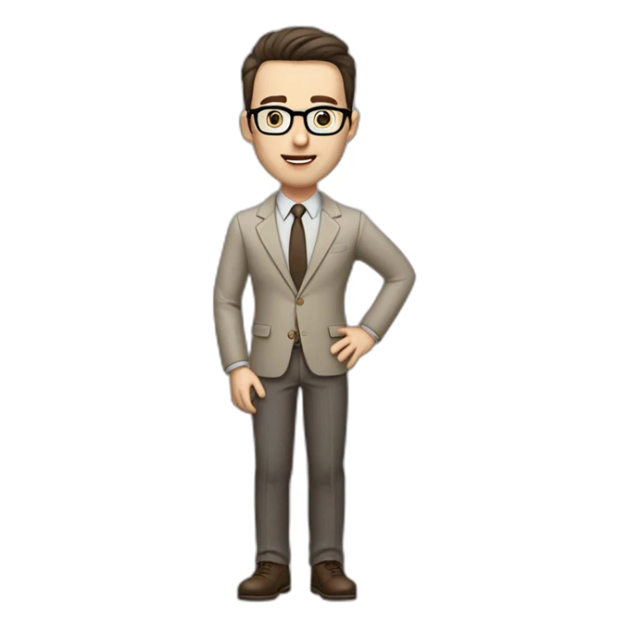 Full height Gesticulating Pale skinned fit man with dark brown hair in gray jacket, beige office shirt, brown tie, brown pants and vintage glasses. sticker