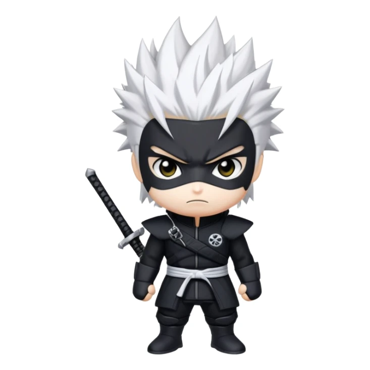 Gabimaru the Hollow, chibi version, white spiky hair, black ninja suit, serious face sticker